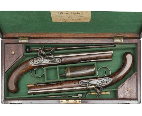 A cased pair of 22-bore flintlock duelling pistols by Joseph Gulley, 9.25inch sighted octagonal barrels with broad gold lined