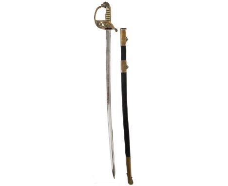 A Model 1882 Dutch Naval Officer's sword, 84.5cm clean pipe-backed blade with spear point, well etched with scrolling foliage