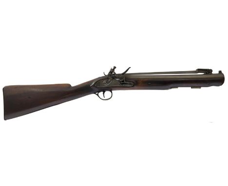 A crisp flintlock blunderbuss with bayonet by Green & Pickslay, 14.5inch flared steel barrel mounted with a top-sprung bayone