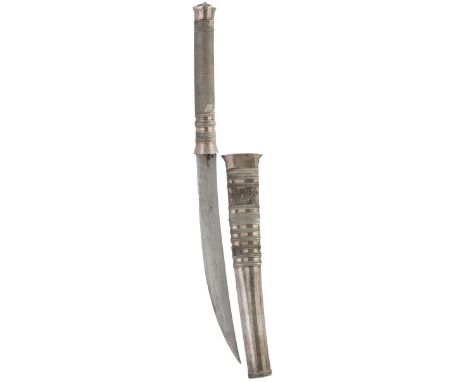 A fine quality silver mounted miniature Burmese Dha, 16.5cm curved blade, characteristic white metal wrapped cylindrical hilt