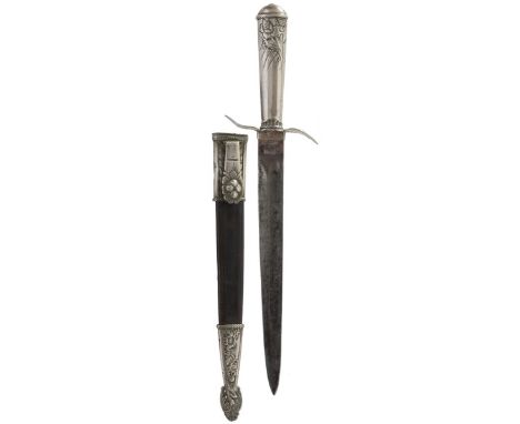 An Argentinian Gaucho knife, 24cm fullered blade by Libertad, characteristic white metal hilt decorated with floral sprays, c