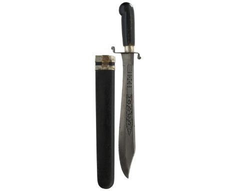 A Mandau, 32cm clipped back heavy Bowie type blade heavily etched to either side with panels of scrolling foliage, wooden hil