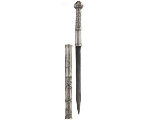 A Burmese Dha, 20.5cm blade, characteristic white metal wrapped hilt with bulb shaped pommel and filigree decoration, contain