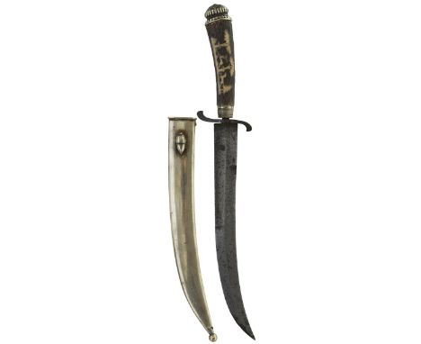 An unusual Continental dirk, 24.5cm curved clipped back blade decorated with a paddle steamer, composition hilt decorated wit