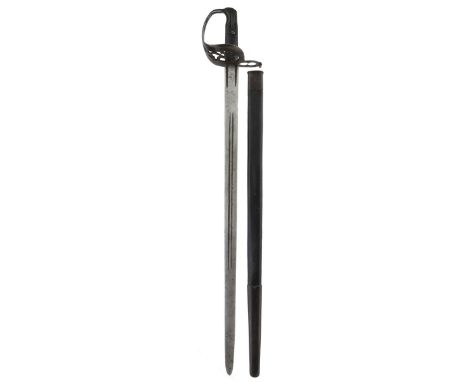A scarce Jacob's Rifle sword bayonet, 73.5cm double fullered blade, characteristic half basket hilt pierced with scroll work,