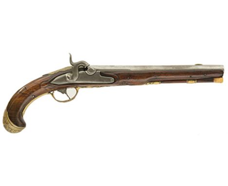 Lot - CONTINENTAL FLINTLOCK PISTOL Approx. 50 cal. Brass barrel and trigger  guard. Length of barrel 4½.