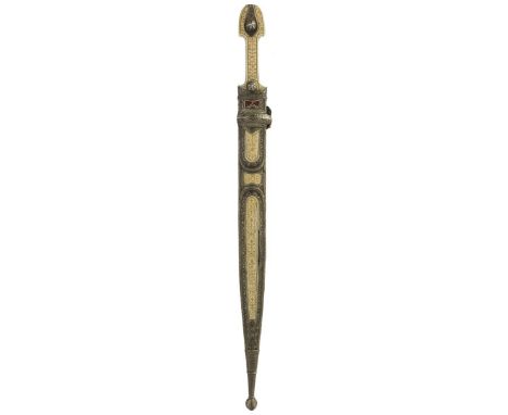 A 19th Century Imperial Russian Kindjal, 36.5cm triple fullered blade, characteristic silver niello mounted hilt, the shaped 