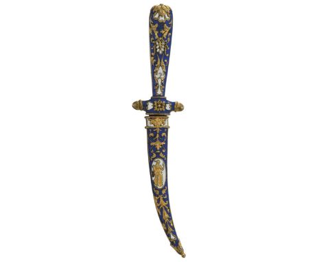 A 19th Century French enamelled Romantic dagger or letter opener, 8cm sharply curved flattened diamond section blade, the hil