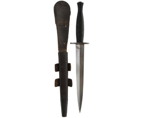 A Canadian Fairbairn Sykes Commando dagger, 17.5cm flattened diamond section blade, regulation black painted ribbed alloy hil