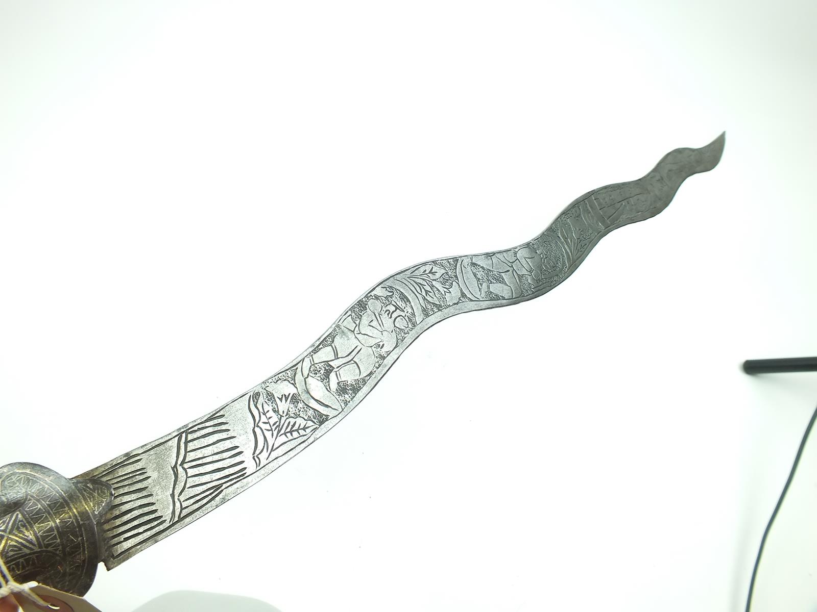 An Unusual Indian Sword 65cm Wavy Blade Decorated With Courtly Figures