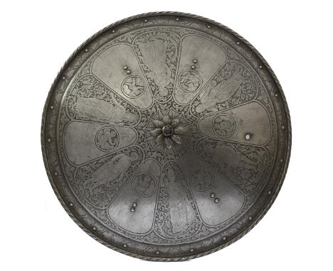 A French etched shield in the neoclassical manner, the 61cm concave shield with turned and roped edge, the main body extensiv