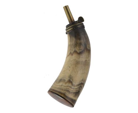 A Scottish horn Powder Flask, 16cm polished natural form body with sprung brass top and later brass elongated nozzle, the woo