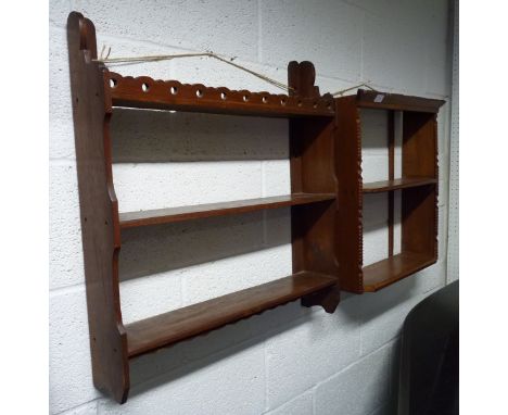 An oak, open two shelf hanging book/display unit, and another similar with chip carved edges (2)