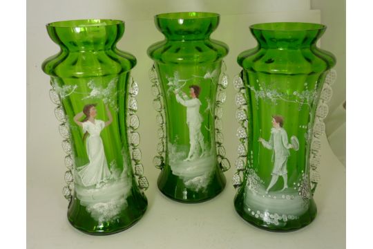 A Pair Of Large Victorian Green Glass Vases Painted With Mary