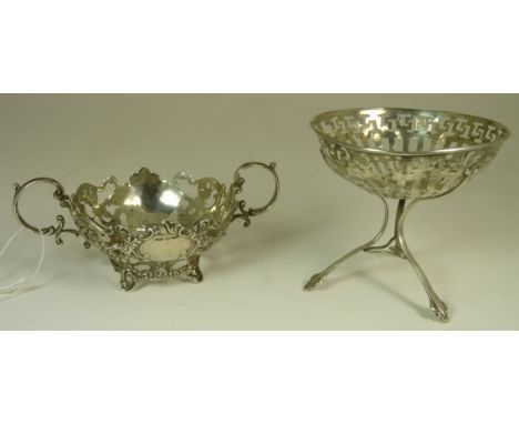 A pierced silver bon-bon dish on tripod feet base (A/F) hallmarked Birmingham 1907 and an import silver pierced Rococo design