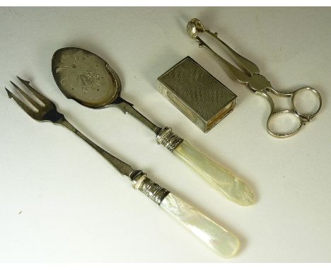 A pair of 19th Century silver sugar nips with shell bowls and engraved initials "IH"; a silver matchbox holder with guilloche