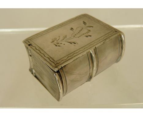 A 19th Century novelty silver snuff box modelled as a book with simple engraved floral decoration to either side, possibly Du