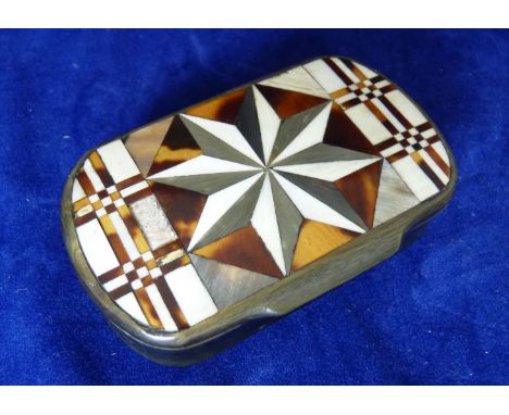 A 19th Century horn snuff box the hinged cover with geometric horn, tortoiseshell and ivory inlay, 7.5cms wide ++one small pa