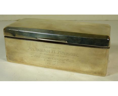 An engine-turned silver cigarette box, with engraved presentation relating to "Long Ashton Cricket Club".  Hallmarked for Bir