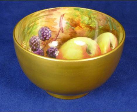 A Royal Worcester painted sugar bowl by Horace Price, the interior decorated with apples and blackberries, with gold exterior