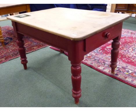 A Victorian painted pine scrub-top kitchen table on baluster legs, the top inset with a tile teapot stand (a/f), with narrow 