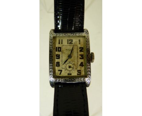 A Gents "Bulova" cushion cased wristwatch, manual wind, the case marked "Bulova 14k gold filled Pat. Jun. 10.1924", the movem
