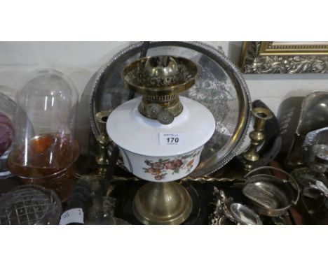 A Tray Containing Circular Gallery Tray, Oil Lamp with Ceramic Reservoir, Gilt Framed Miniature Prints, Brass Wares, Horse Sh