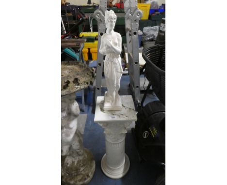 A Glazed Ceramic Corinthian Column Stand with Plaster Figure of Venus, Stand 58 cm High