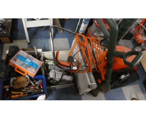 A Collection of Workshop and Garden Tools to Include Adjustable Spanners, Stilsons,Flymo Mower, Strimmer, Bench Vice Etc