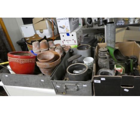 Four Boxes Containing Terracotta Plant Pots, Workshop Tools, Shoe Last, Castrol Oil Can, Hurricane Lamp Etc