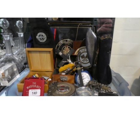 A Tray of Curios to Include Enamel Badges, Tape Measure, Stop Watch, Magnifying Glass Etc