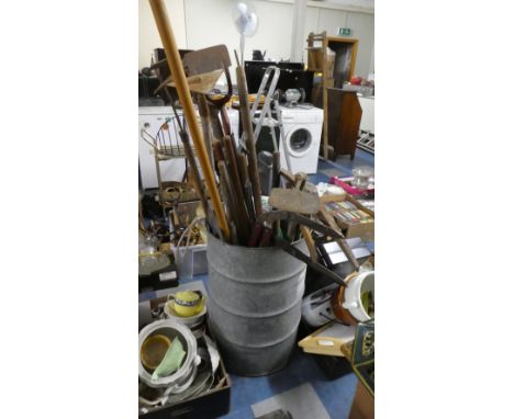 A Galvanized Barrel with Selection of Garden Tools