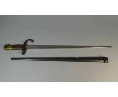 A French 1876 Bayonet with Brass Mounted Wooden Handle, Blade Inscribed Mre D'ormes De St Etienne, Metal Scabbard, 66cm Long