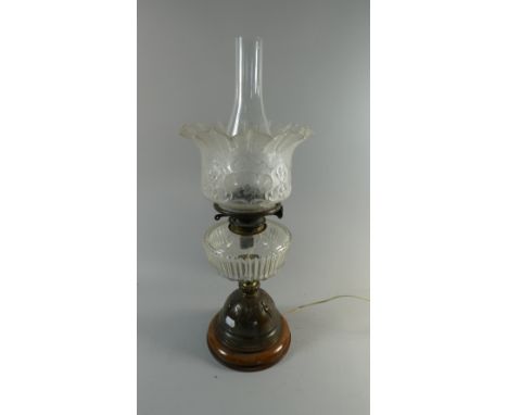 A Late Victorian Oil Lamp Converted to Electricity with Glass Reservoir and Etched Shade Having Dome Handled Base, Decorated 