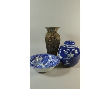 A Copeland Spode Italian Bowl, Blue and White Oriental Ginger Jar and Silver Plated Vase