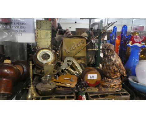 A Tray of Curios to Include Brass Mounted Spirit Level, Aneroid Barometer, Brass Cribbage Board, Bell Etc 