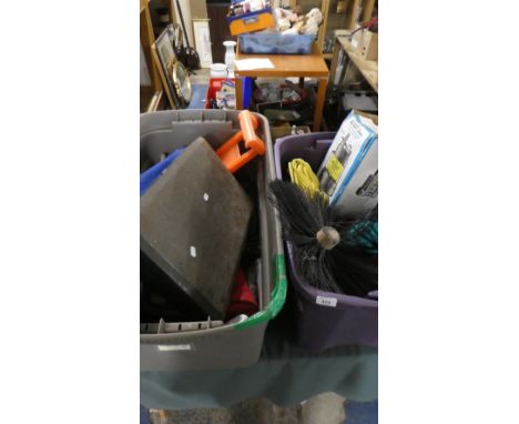Two Boxes of Sundries to Include Folding Chairs and Tables, Ropes, Submersible Pump, Camping Stove, Tools Etc