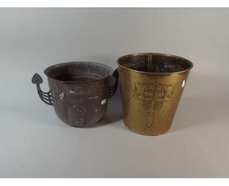 An Art Nouveau Bin Decorated in The Knox Style Together with A Copper Two Handled Planter, 22.5 cm High