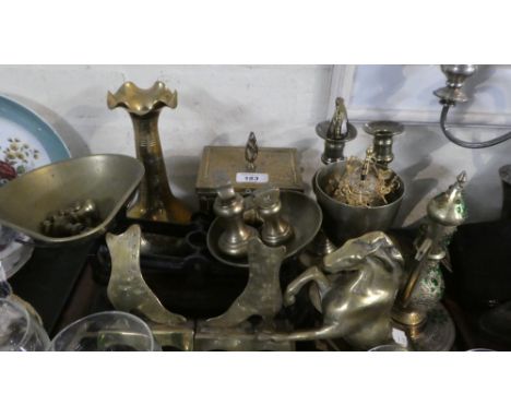 A Tray of Brass Wares to Include Kitchen Scales and Weights, Tea Caddy, Candlesticks, Vases Etc