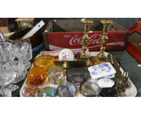 A Tray Containing Gold Metal Chain, Gold and Opal Brooch stamped 375, Glass Paperweights, Brass Candle Sticks, Ceramics Etc