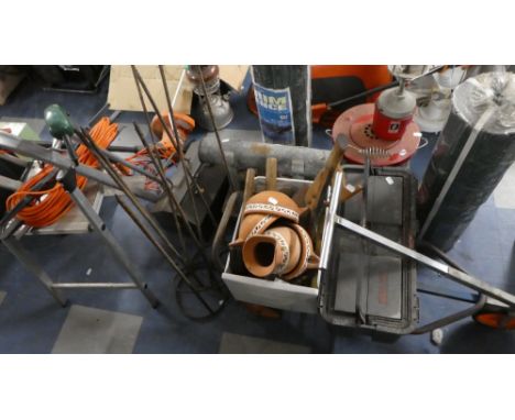 A Collection of Various Tools to Include Small Step Ladder, Strimmers, Hedge Cutter, Rolls of Plastic Fencing, Trolley, Hand 