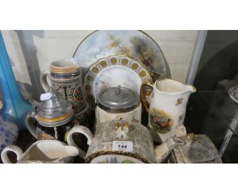 A Tray of Ceramics to Include Three Piece Tea Service, Lager Stein, Biscuit Barrel, Decorated Plates Etc 