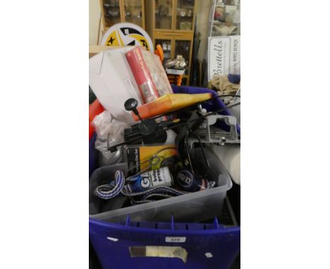 A Box of Tools and Sundries to Include Tile Cutter, Ceiling Light, Peg Storage Hook Kit, Heaters, Lantern Etc