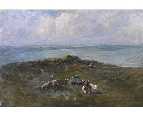 Nathaniel Hone RHA (1831-1917)Cattle resting on a headland with distant yachtsOil on canvas, 61 x 91 cm (24 x 36)Signed in in