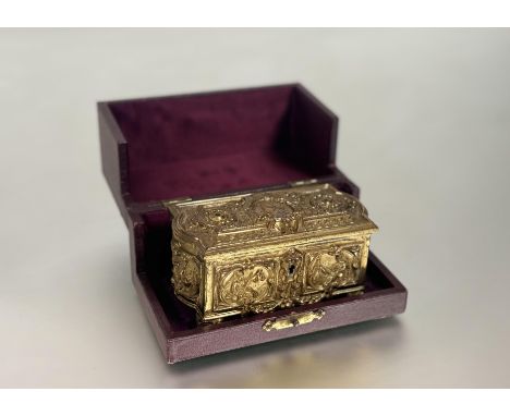 Property of a Lady of Title: a Queen Victoria Diamond Jubilee commemorative gilt-metal casket, 1897, the hinged cover cast wi