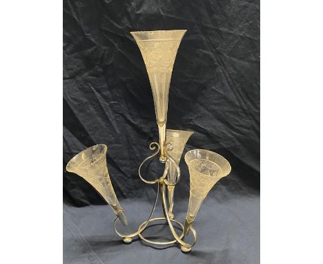 A vintage epergne with etched glass trumpets, h43cm, shipping unavailable
