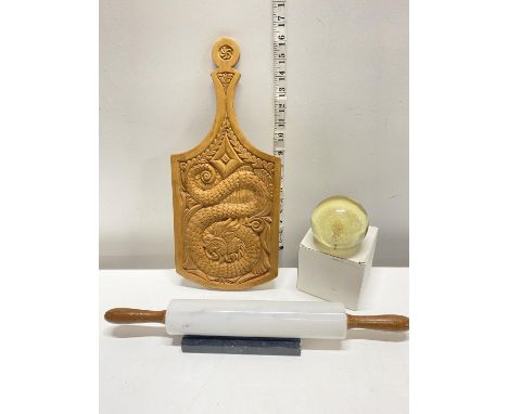 A selection of assorted collectibles including marble rolling pin etc, shipping unavailable