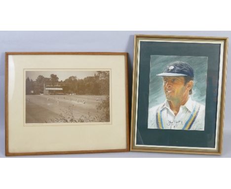 Cricket - T. C. Lund (20th century), head and shoulder portrait of Geoffrey Boycott, signed watercolour also signed by Boycot