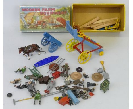 Various makers, Crescent timber wagon (damaged), boxed, and a small quantity of lead figures, die-cast garden tools, tin-plat