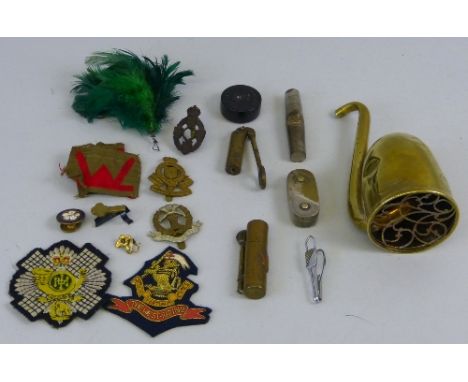 A small quantity of trench art etc, including WWI Canadian brass lighter, pocket compass, brass ear trumpet by F.C. Rein, pai